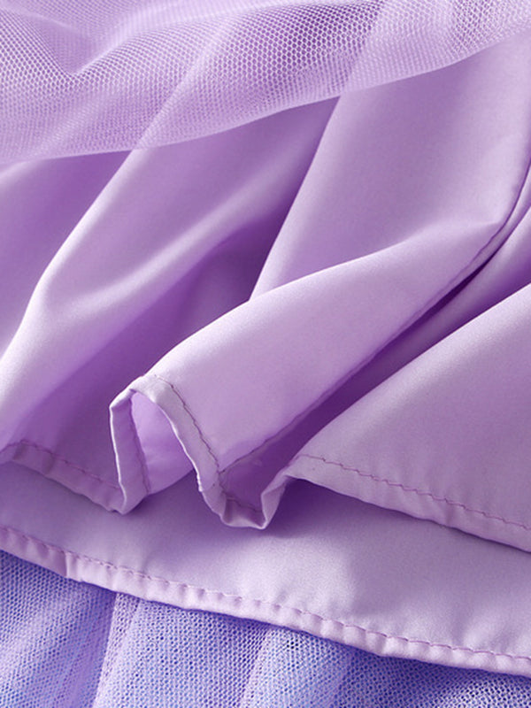 Contrast Color Elasticity Gauze Gradient Pleated Split-Joint Tiered A-Line High-Low Skirts