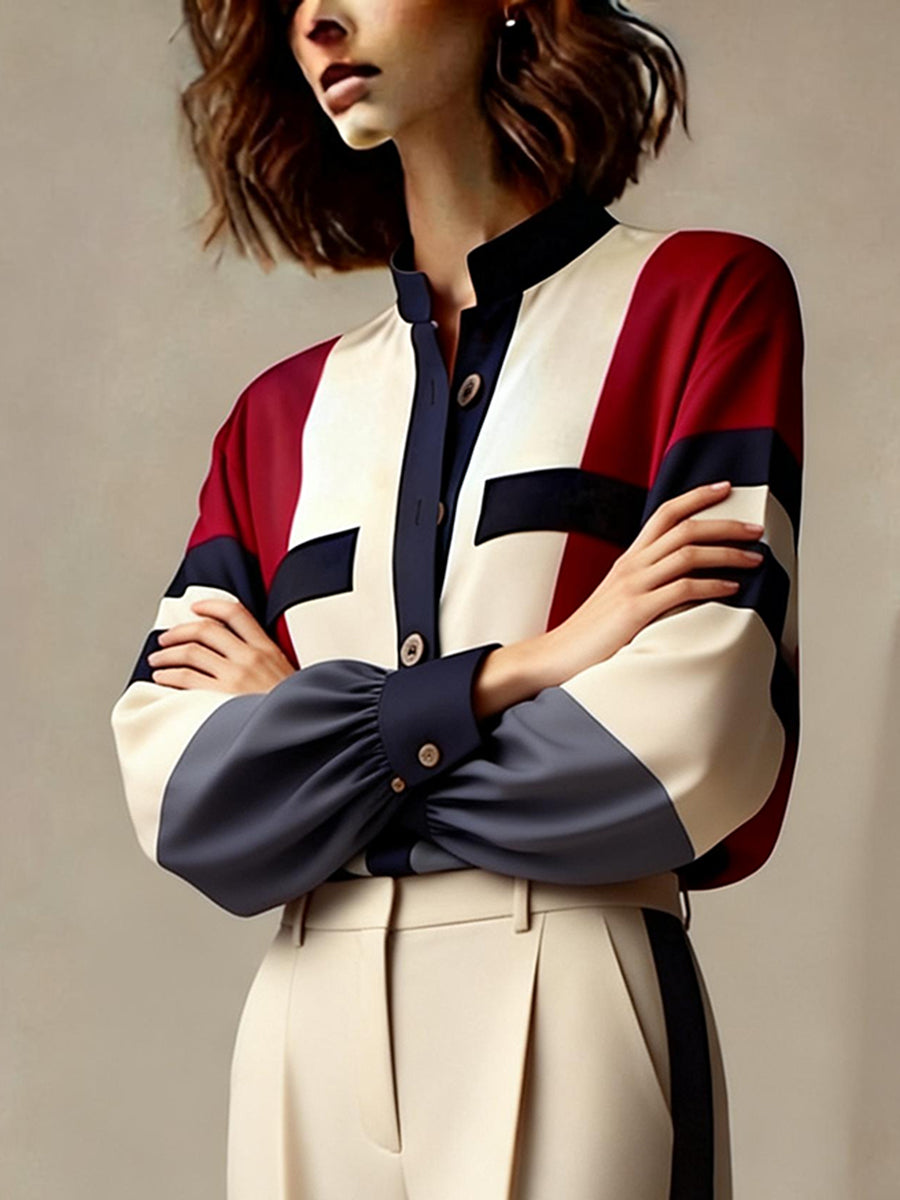 Buttoned Contrast Color Split-Joint Long Sleeves Loose Stand Collar Blouses&Shirts Tops