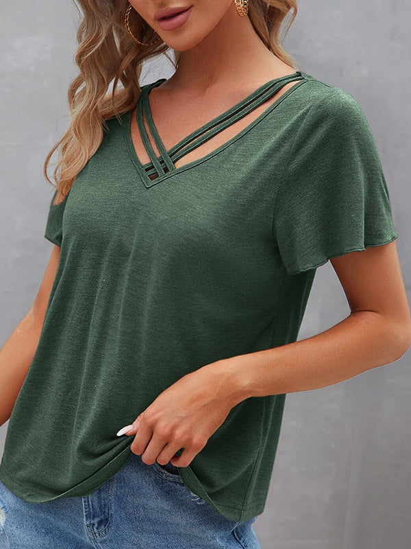 Hollow Solid Color Split-Joint Loose Plus Size V-Neck T-Shirts Tops