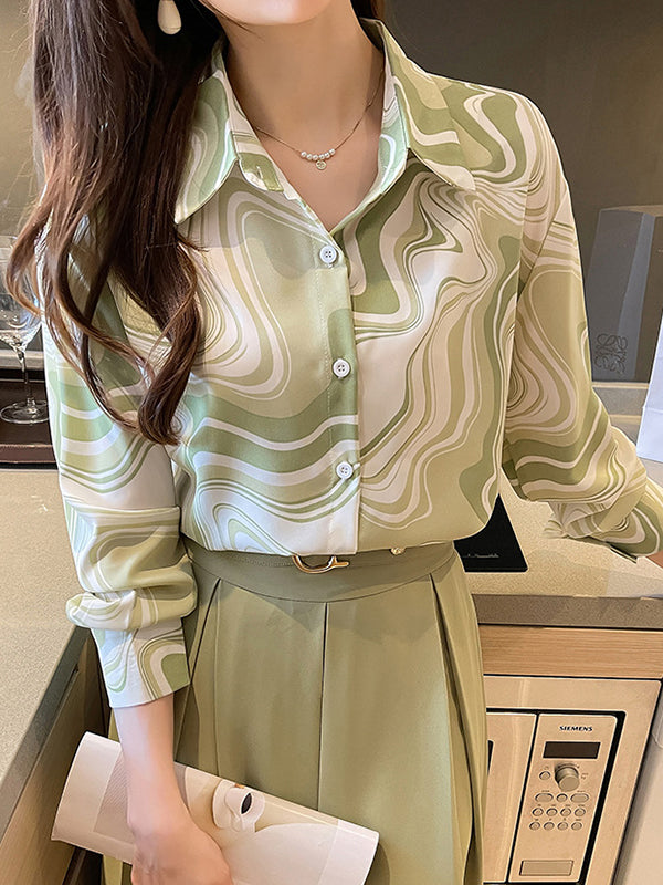 Buttoned Printed Long Sleeves Loose Lapel Blouses&Shirts Tops