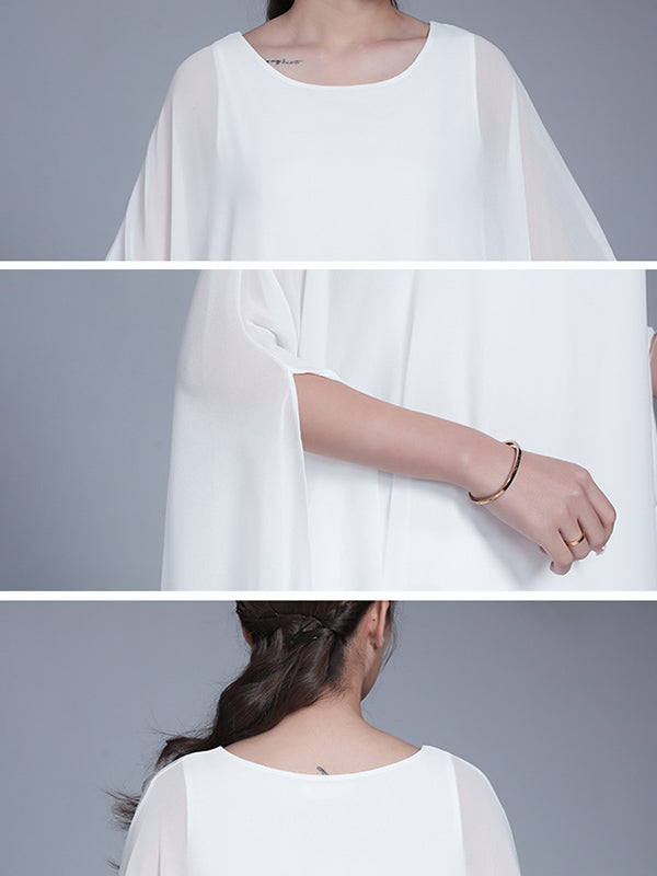 Artistic Retro Loose Chiffon Solid Color Falbala Round-Neck Kimono Sleeve 2 Pieces Set