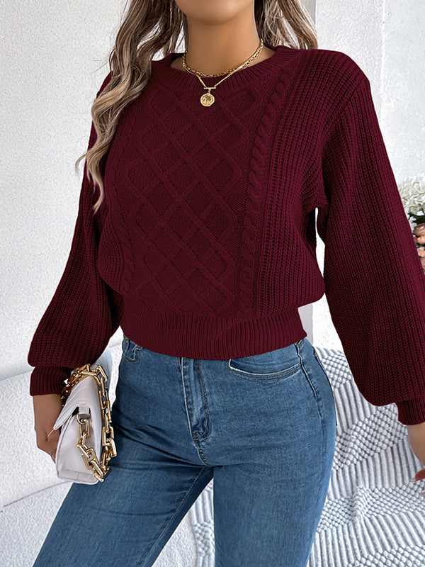 Cable Knit Solid Color Elasticated Waist Long Sleeves Round-Neck Sweater Tops Knit Top