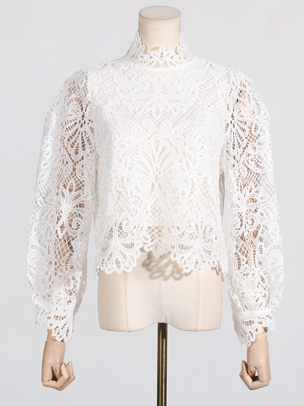 Hollow Split-Joint Zipper Long Sleeves Loose Stand Collar Blouses&Shirts Tops