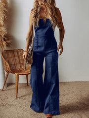 Pockets Solid Color Zipper High Waisted Loose Spaghetti-Neck Jumpsuits