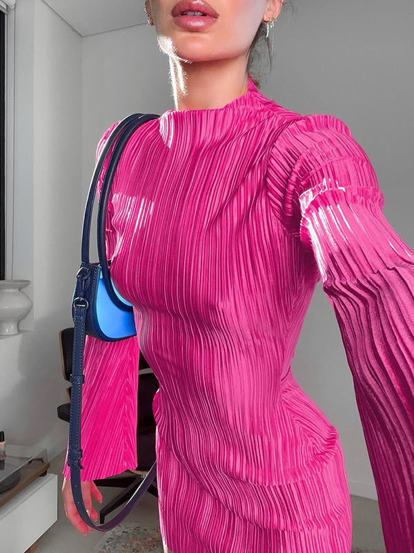 Pleated Solid Color Bodycon Flared Sleeves Mock Neck Mini Dresses