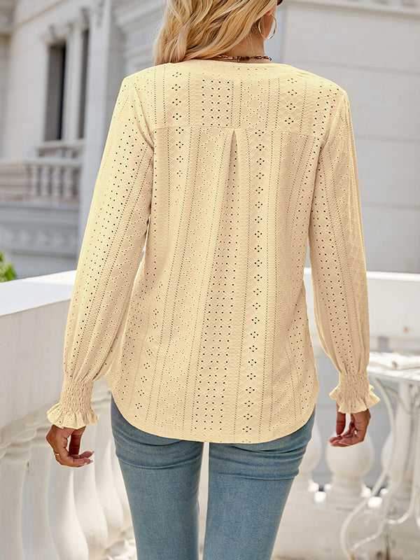 Elasticity Hollow Solid Color Long Sleeves Loose V-neck T-Shirts Tops