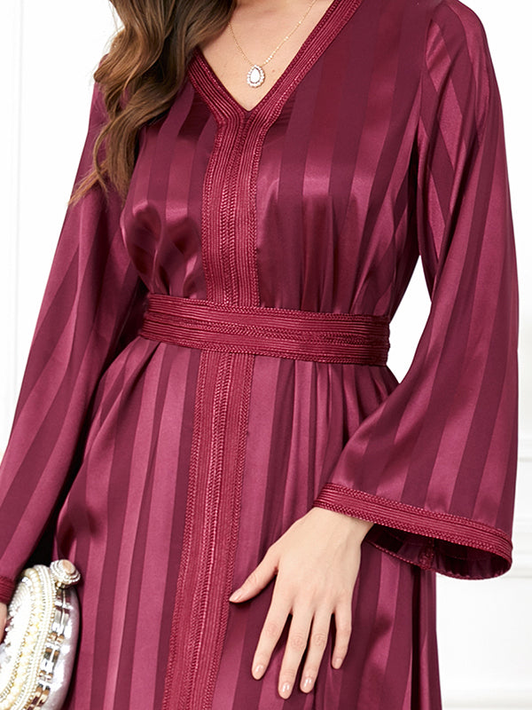 Split-Front Split-Joint Striped Tied Waist A-Line Long Sleeves Maxi Dresses