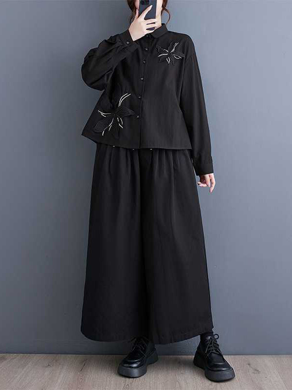 Applique Buttoned Embroidered Long Sleeves Loose Lapel Blouses&Shirts Tops