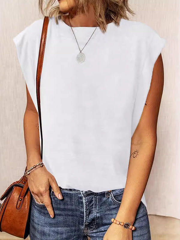 Solid Color Split-Joint Loose Sleeveless Round-Neck Vest Top