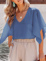 Falbala Solid Color Flared Sleeves V-Neck T-Shirts Tops