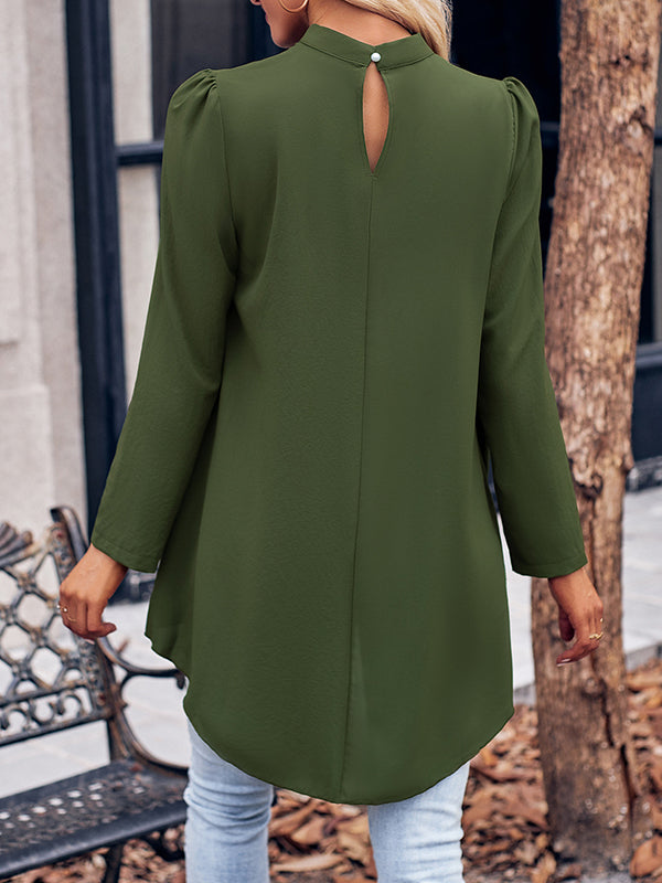 Solid Color Split-Joint False Two High-Low Mock Neck Blouses&Shirts Tops