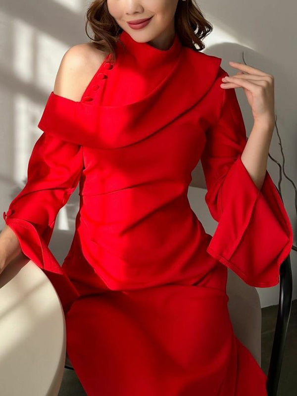 Flared Sleeves Asymmetric Buttoned Hollow Solid Color Zipper Cold Shoulder Evening Dresses Maxi Dresses