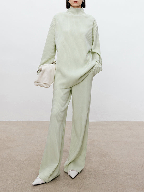 Solid Color Long Sleeves High-Neck Sweater Top + Wide Leg Pants Bottom Two Pieces Set