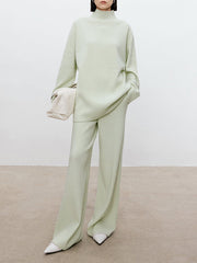 Solid Color Long Sleeves High-Neck Sweater Top + Wide Leg Pants Bottom Two Pieces Set