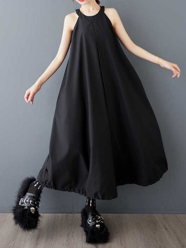Drawstring Pleated Pockets Solid Color Zipper A-Line Loose Spaghetti-Neck Midi Dresses