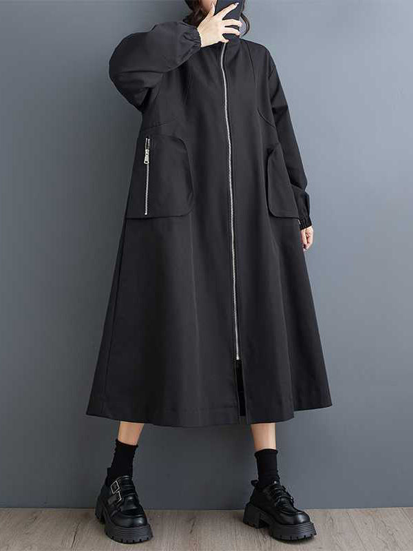 Elasticity Pockets Split-Joint Zipper Long Sleeves Loose High Neck Trench Coats Outerwear