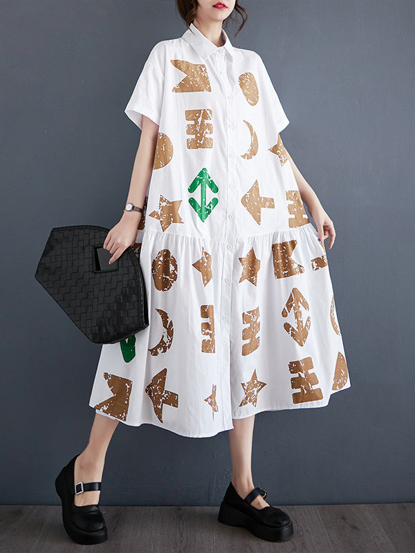 Buttoned Pleated Pockets Printed Split-Joint Loose Short Sleeves Lapel Shirt Dress Midi Dresses