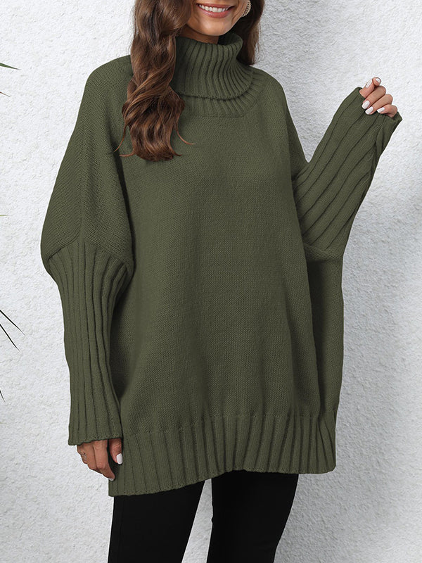 Pleated Solid Color Split-Joint Long Sleeves Loose High Neck Sweater Tops