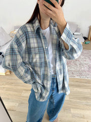 Buttoned Plaid Pockets Long Sleeves Loose Lapel Outerwear Blouses&Shirts Tops