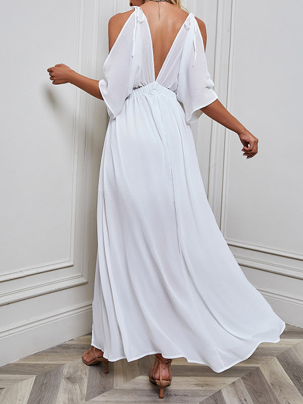 Solid Color Split-front Batwing Sleeves Loose Deep V-Neck Maxi Dresses