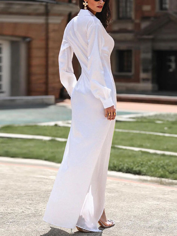 Buckle Buttoned Pleated Solid Color Split-front Long Sleeves Lapel Shirt Dress Maxi Dresses