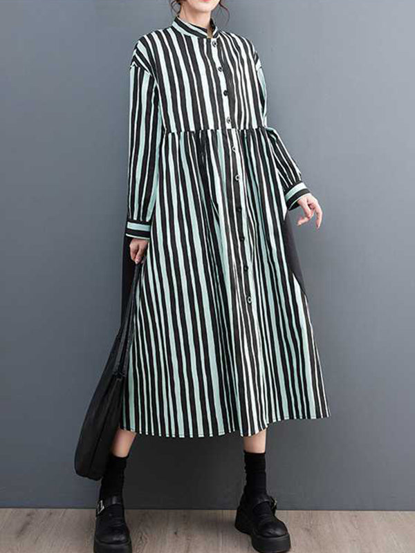 Buttoned Split-Joint Striped Long Sleeves Loose Mock Neck Midi Dresses