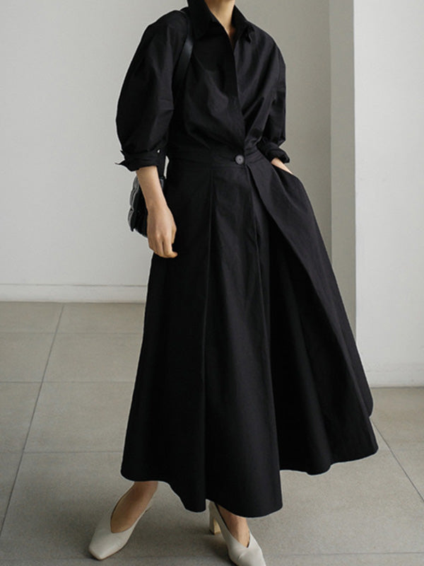 Original Solid Color Lapel Long Sleeves Midi Dress