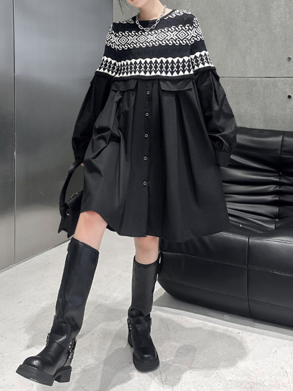 Buttoned Contrast Color Split-Joint A-Line Long Sleeves Round-Neck Mini Dresses