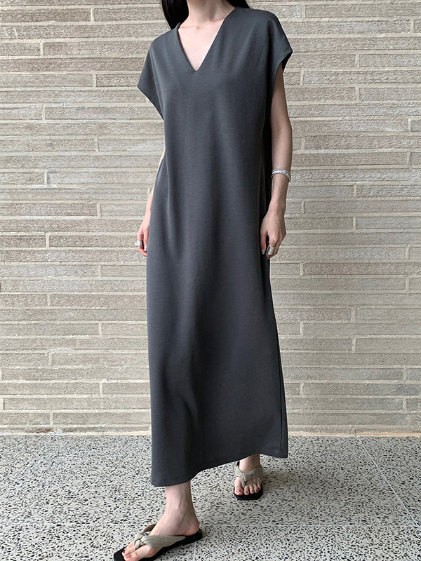 Solid Color Batwing Sleeves Loose V-neck Midi Dresses