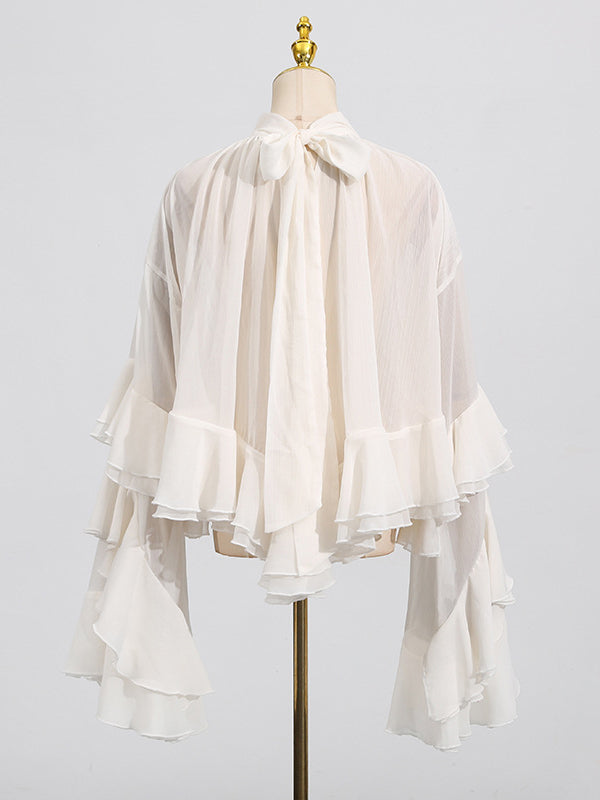 Pleated Ruffle Trim See-Through Solid Color Tied False Two Flared Sleeves Mock Neck Blouses&Shirts Tops