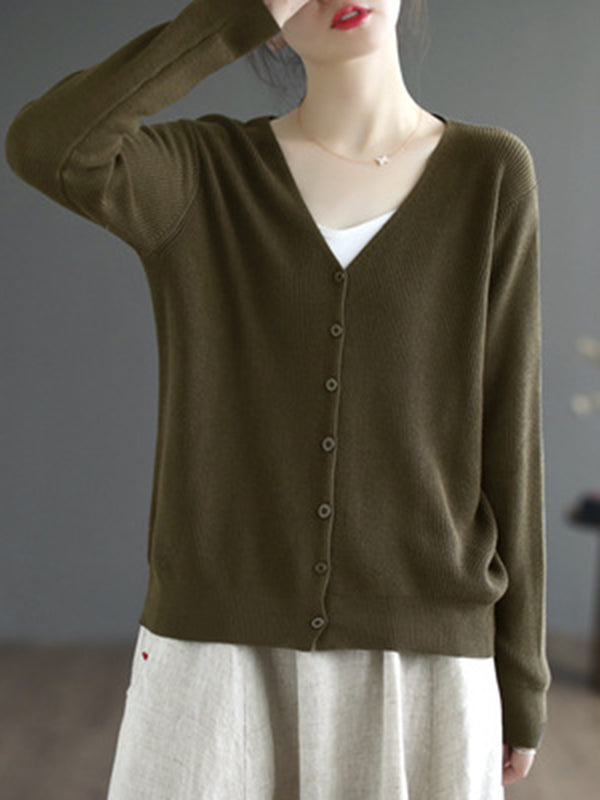 Solid Color Long Sleeves Loose V-Neck Cardigan Tops