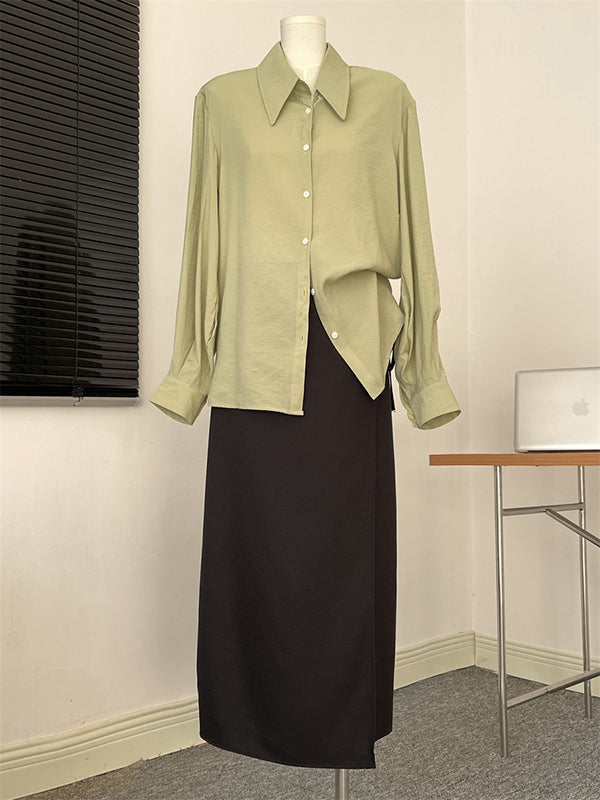Pleated Split-Joint Sun protection Loose Puff Sleeves Lapel Blouses