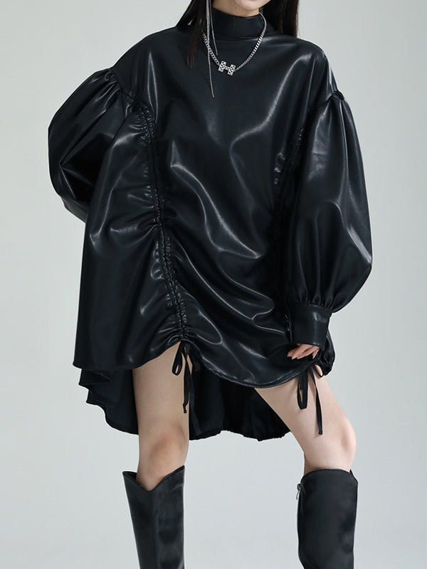 Drawstring Pleated Solid Color High-Low Long Sleeves Stand Collar Mini Dresses