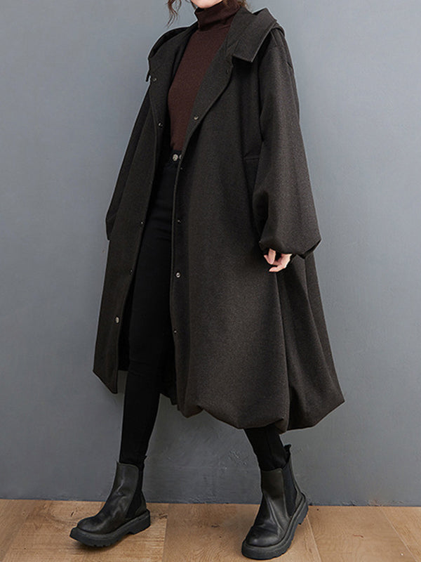 Buttoned Pockets Solid Color High-Low Long Sleeves Hooded Woolen Coat