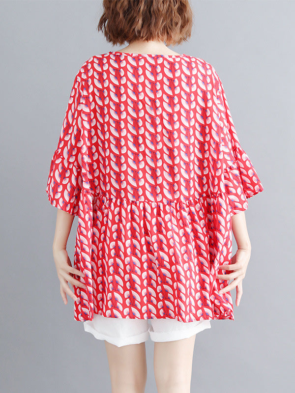 Artistic Retro Loose Half Sleeves Printed Pleated Falbala Round-Neck T-Shirts Tops
