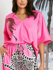 Animal Printed Half Sleeves Loose V-neck T-Shirts Tops
