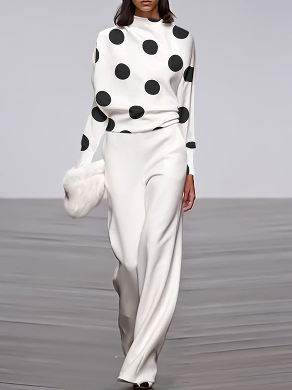 Long Sleeves Loose Polka Dot Stand Collar T-Shirts