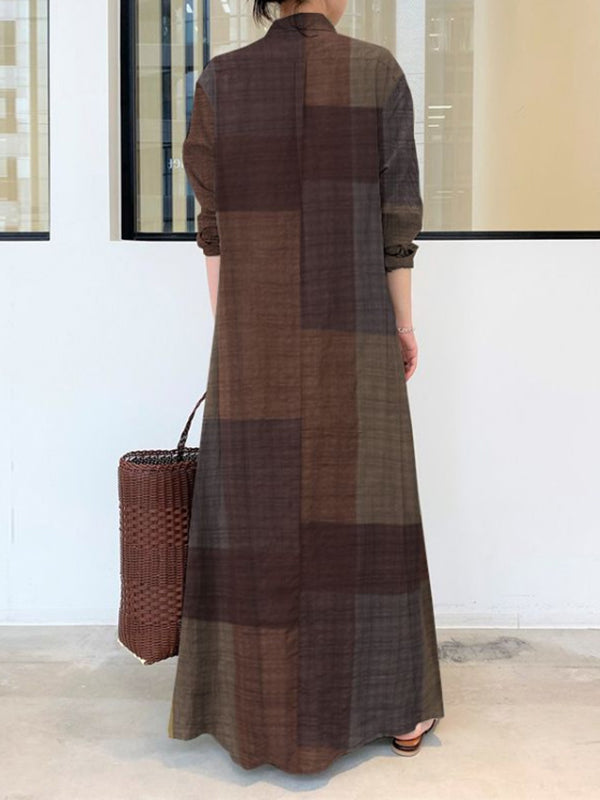 Plaid Pockets Long Sleeves Loose Lapel Shirt Dress Maxi Dresses