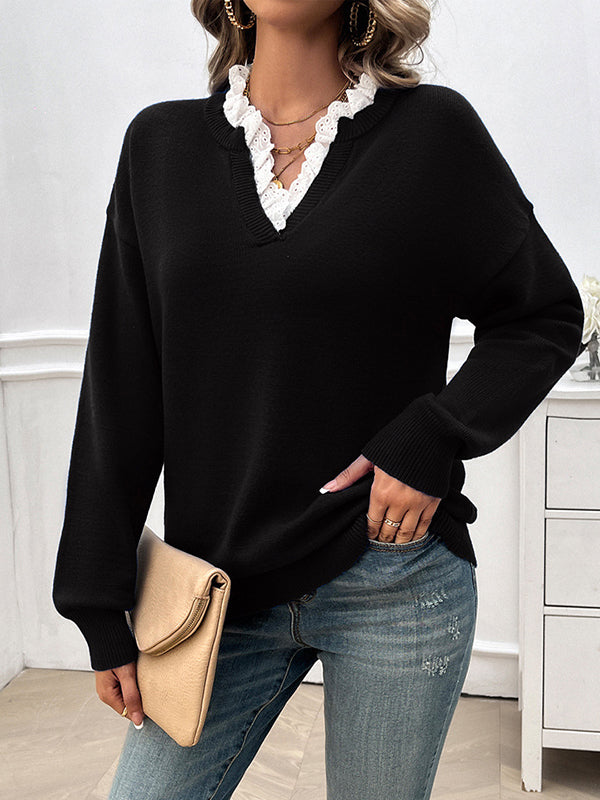 Split-Joint Long Sleeves Loose V-Neck Sweater Tops Pullovers