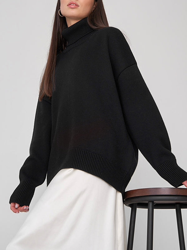Solid Color Split-Joint High-Low Long Sleeves High Neck Sweater Tops
