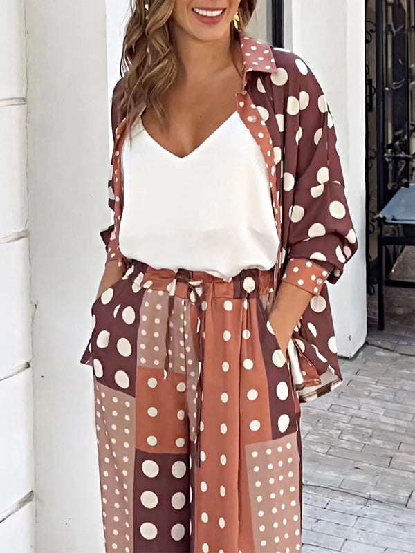 Long Sleeves Buttoned High-Low Polka-Dot Lapel Shirts Top + Drawstring Elasticity Pants Bottom Two Pieces Set