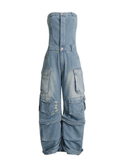 Buttoned Hollow Pockets Wide Leg High Waisted Sleeveless Tube Jumpsuits
