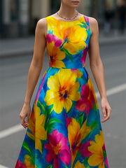 Sleeveless Contrast Color Flower Print Round-Neck Midi Dresses