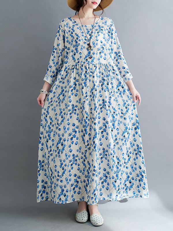 Flower Print Split-Joint Long Sleeves Loose Round-Neck Midi Dresses