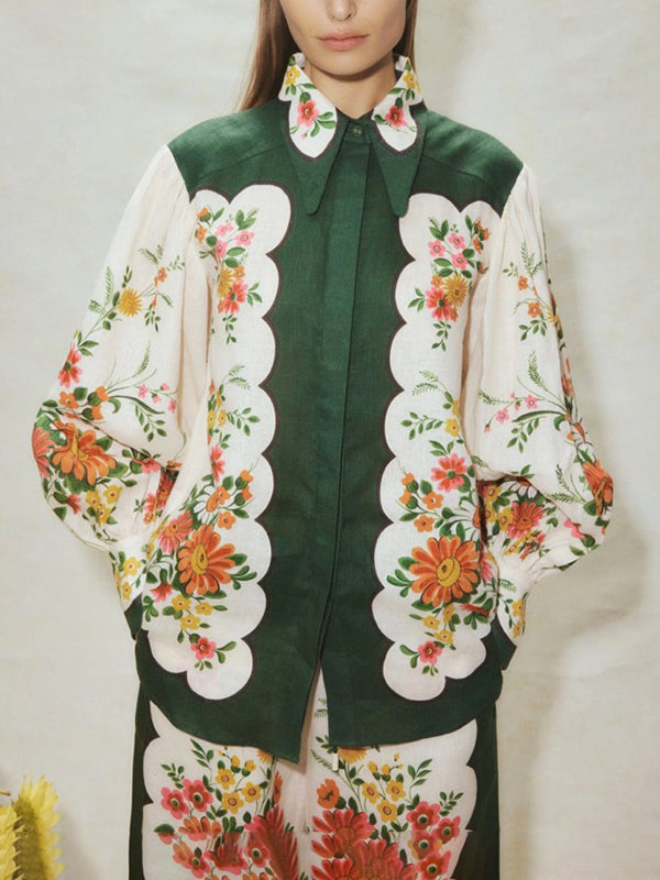 Buttoned Long Sleeves Flower Print Lapel Shirts Top + High Waisted Pants Bottom Two Pieces Set