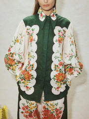 Buttoned Long Sleeves Flower Print Lapel Shirts Top + High Waisted Pants Bottom Two Pieces Set