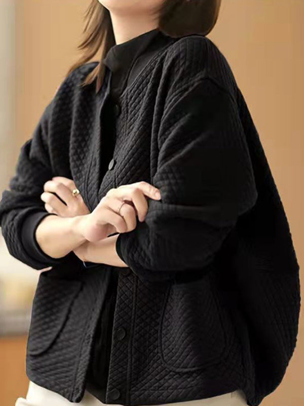 Artistic Retro Loose Long Sleeves Buttoned Solid Color Stand Collar Outerwear
