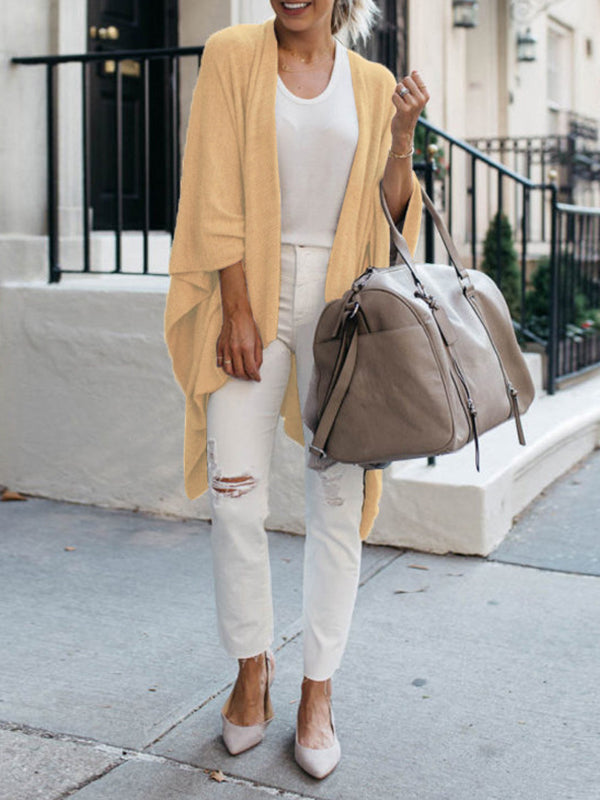 Solid Color Batwing Sleeves Loose Collarless Cardigan Tops