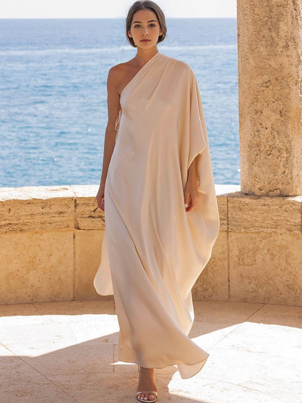 Solid Color Split-Joint Batwing Sleeves Loose One-shoulder Maxi Dresses