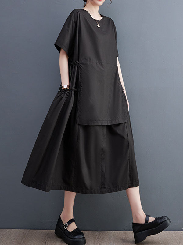 Solid Color Split-Joint Loose Short Sleeves Round-neck Midi Dresses